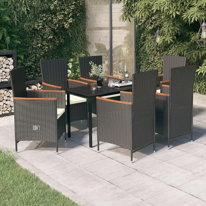 7 Piece Patio Dining Set with Cushions Black Reclining PE Rattan Garden Table and Chairs for Outdoor Backyard Lawn