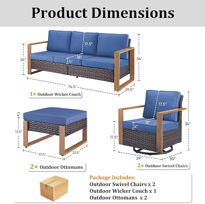 5-Piece Outdoor Patio Furniture Set with Swivel Chairs, All-Weather Wicker Sofa Set for Garden, Yard, Porch and Poolside Seating Blue