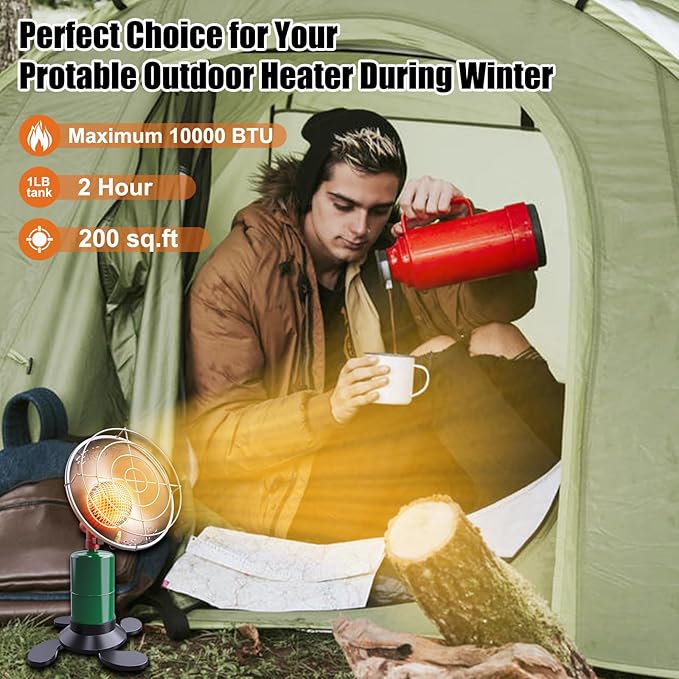Buyplus Propane Heater - 10000BTU Portable Patio Heaters for Outdoor Use, Camping Heater with Electronic Ignition, Control Valve, Gas Tank Holder for Tent, Fishing, Garage, Green(Fuel not included)