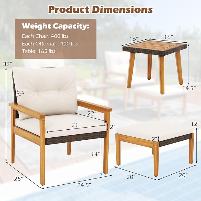 Tangkula 5 Piece Rattan Furniture Set, Wood Frame Chairs & Ottomans w/Square Coffee Table, Space Saving Cushioned Wicker Patio Conversation Set for Backyard, Poolside (Off White)