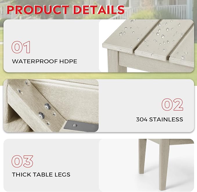Costaelm Adirondack Outdoor Coffee Table, HDPE Drink Table Weather Resistant, Patio Porch Accent Balcony Table Outdoor End Table for Pool, Seaside, Backyard, Sand