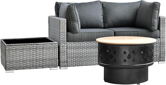 HOOOWOOO 4-Piece Outdoor Wicker Patio Furniture Set, Modular Sectional Sofa with Cushions, Side Table, and Fire Pit Table, All-Weather Rattan Garden Seating for Patio, Porch, or Balcony (Black)