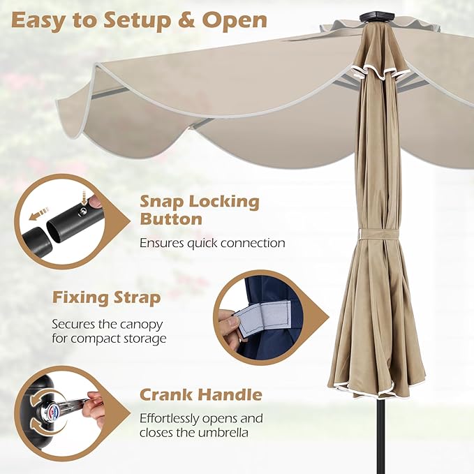 Tangkula 9 FT Solar Patio Umbrella, 2-Tiers Outdoor Scalloped Table Umbrella with 24 LED Lights, Tilt Adjustment, Crank, 8 Ribs for Market Backyard Pool Deck Beach Lawn