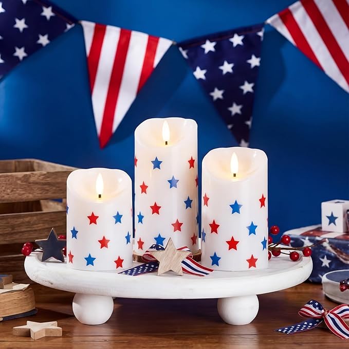 Tuanse Set of 3 4th of July Flameless Candles Battery Operated Patriotic Red & Blue Pentagram Pillar Candles, Mixed Size LED Light Candle for 250th Anniversary Independence Memorial Day Table Decor