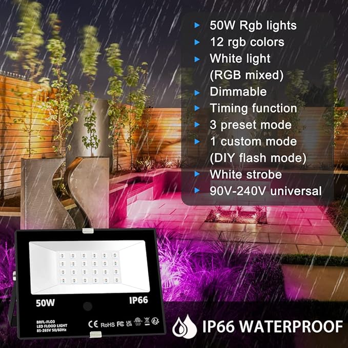 Led Flood Light Outdoor, 50W RGB Color Changing Landscape Lighting with Remote, Timing - 12 Colors - 4 Modes, IP66 Waterproof, US 3-Plug, MELPO (Pack of 4)