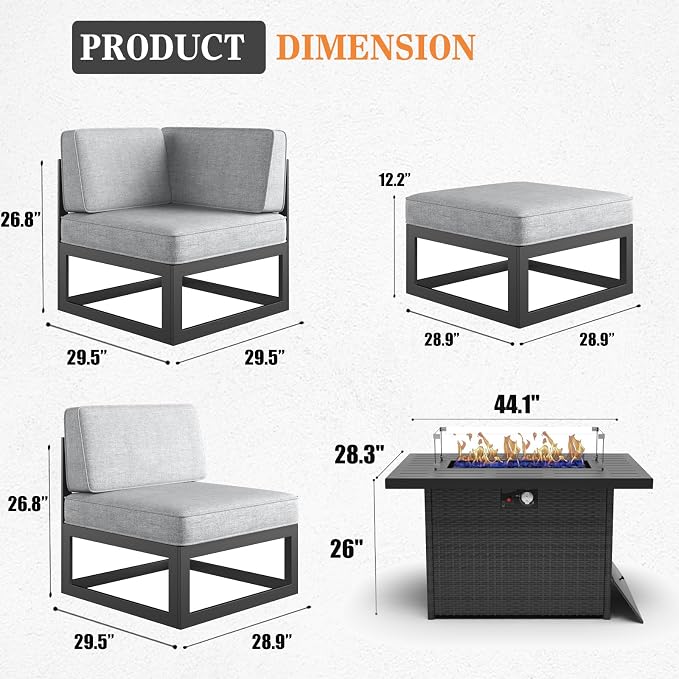 11 Pieces Aluminum Patio Furniture Set with Propane Gas 44" Fire Pit Table, Metal Outdoor Conversation Sofa Set with Seating Cushions