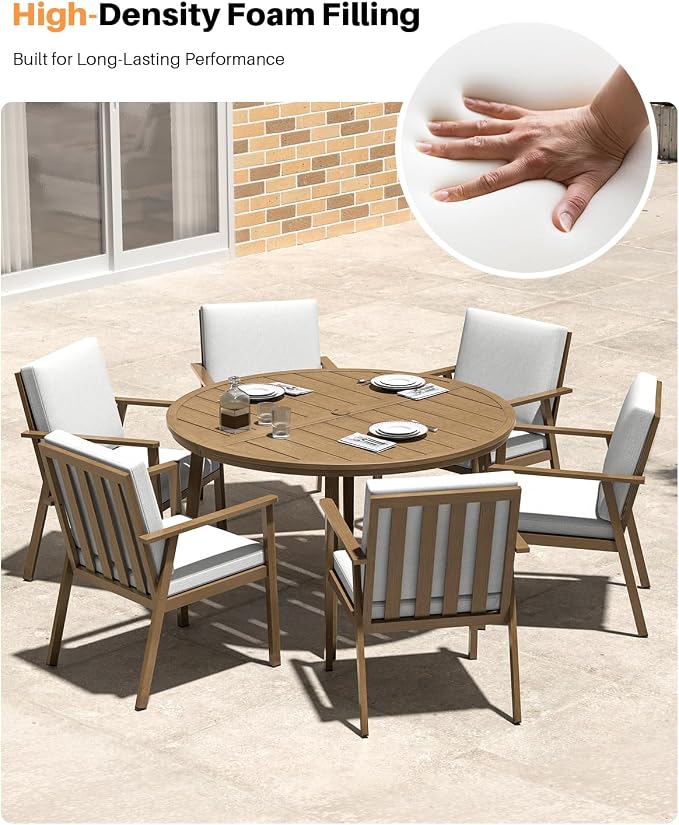 7 Pieces Teak Round Outdoor Dining Table Set, 51" Round Dining Table with 6 Dining Chairs, Never-Rust Aluminum Patio Furniture Set, Outdoor Round Dining Set w/Umbrella Hole for Garden, Indoor