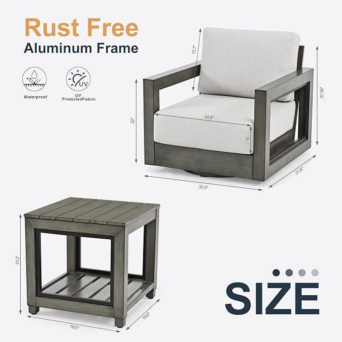 HAPPATIO Extra Large Size Patio Bistro Set, Aluminum Modern Patio Furniture Set Outdoor 3 Pieces with Side Table, 360 Degree Swivel Patio Conversation Set with 7" Thick Cushion for Outdoor, Grey
