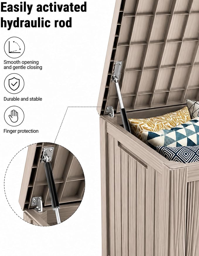 MAKINO 205 Gallon Large Waterproof Deck Box, Heavy Duty Resin Outdoor Storage Box, Outdoor Storage Bench with Hydraulic Rod for Patio/Cushions/Garden Tools/Backyard/Pool Accessories, Grey Brown