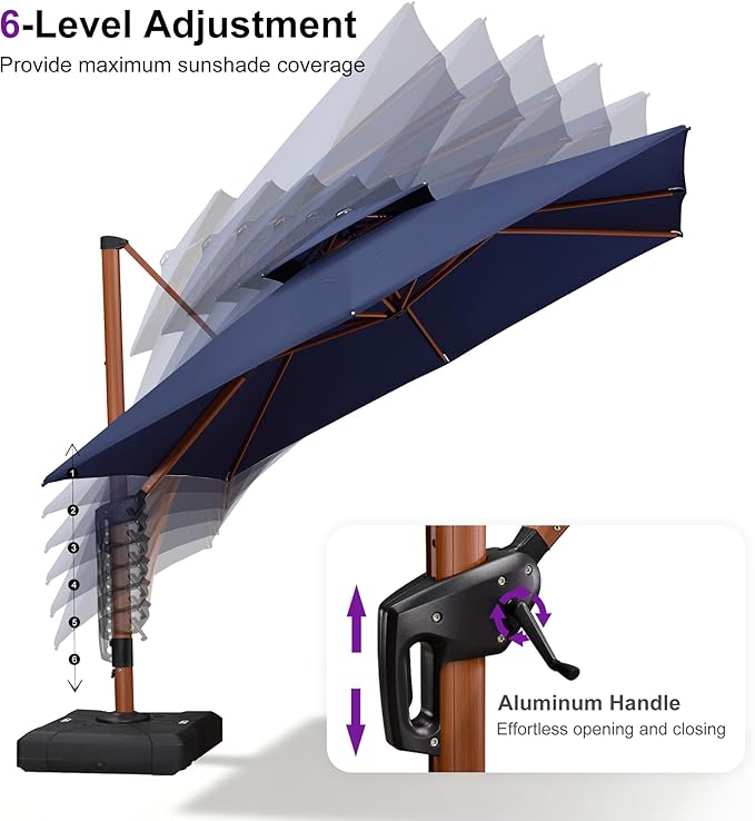 PURPLE LEAF 9' X 12' Double Top Deluxe Wood Pattern Rectangle Patio Umbrella with Base Offset Hanging Umbrella Outdoor Market Umbrella Garden Umbrella, Navy Blue