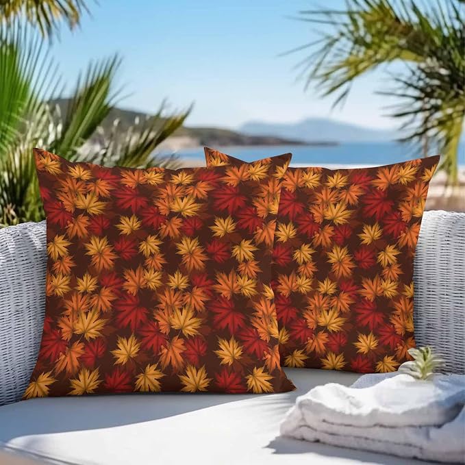 Brown Thanksgiving Outdoor Waterproof Pillow Covers, Fall Maple Leaves Farmhouse Vintage Decorative Square Throw Pillowcase Sofa Cushion Sham for Patio/Couch/Chair, 18"x18" 2 Pack