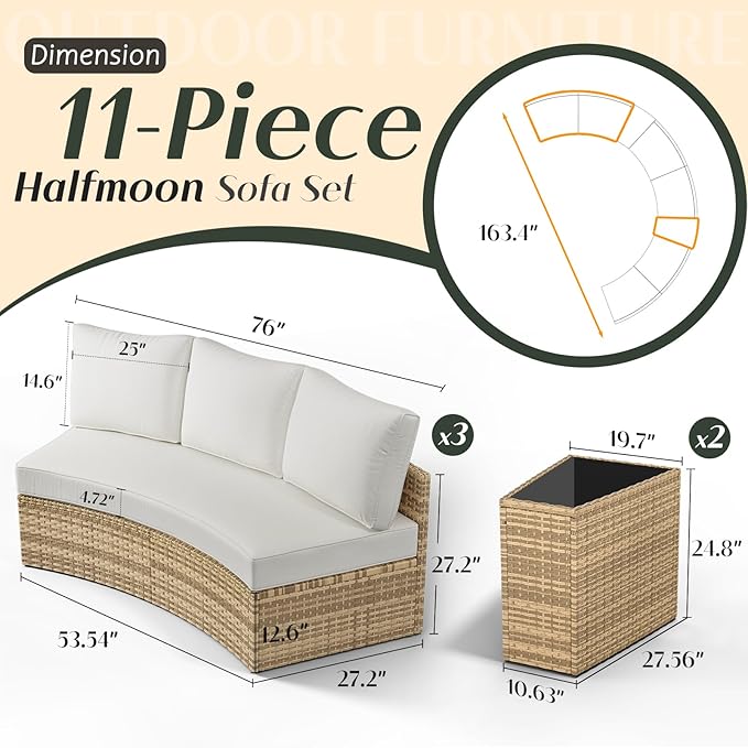 PaPaJet 11-Piece Patio Furniture Set, Half-Moon Outdoor Wicker Sectional Sofa with Large Storage Wedge Table, All-Weather Wicker Conversation Set for Backyard, Garden, or Deck, Beige