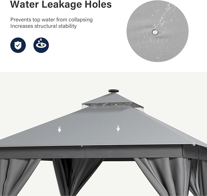 LAUSAINT HOME Patio Gazebo 10'x10' with Solar LED Roof Lights, Outdoor Heavy Duty Party Tent Shelter with Double Roofs, Mosquito Netting & Privacy Curtains for Backyard, Garden, Lawn, Gray