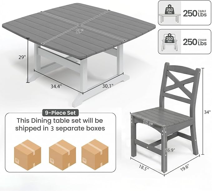 All Weather Patio Dining Table Set for 8, HDPE Heavy Duty Outdoor Rectangular Table & 8 Chairs, 9PCS Outdoor Furniture Set for Patio Garden Lawn, White and Grey