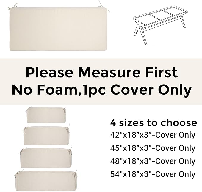 FUNHOME Outdoor Bench Cushion Cover 54 x18 x 3 inch,Water Resistant Cover with Zipper&Ties,Fade-Resistant Slipcover,Patio Porch Swing Cushion Cover Replacement Only,No Insert(Light Beige)