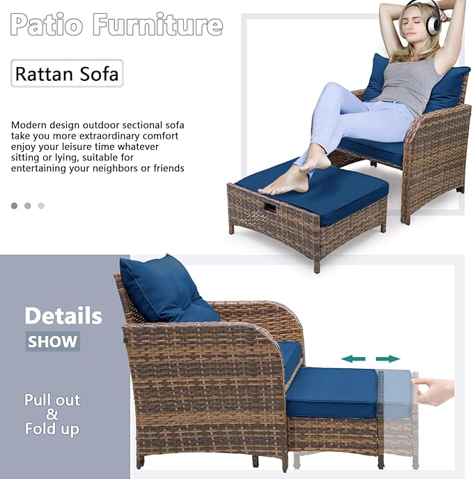 5 Piece Outdoor Patio Chair with Ottomans and Table PE Wicker Rattan Patio Conversation Furniture Set Space Saving Design Wicker Outdoor Chairs Set for Front Porch (Blue Cushion Brown Rattan)