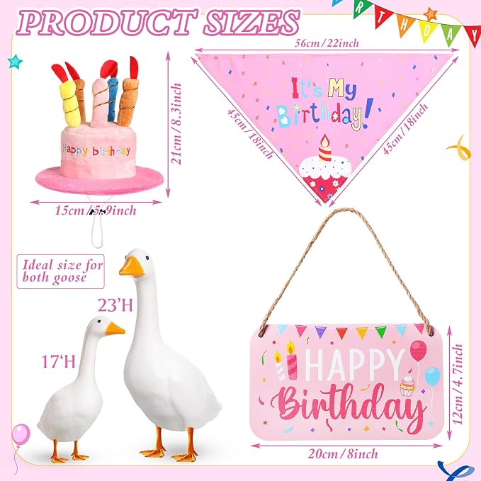 Happy Birthday Porch Goose Outfit Lawn Goose Cloth Costume for 23" Cement Plastic Patio Yard Statue Outdoor(Pink,Triangle Scarf)