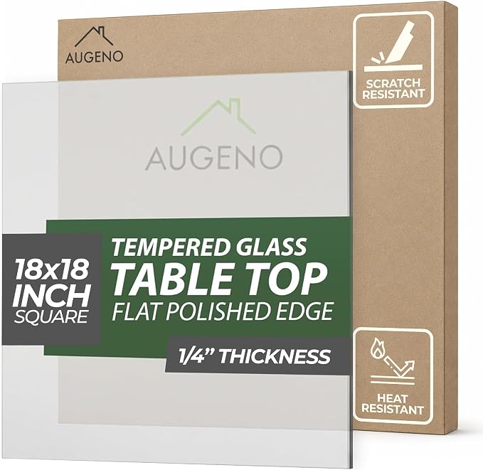 18 inch Square 1/4" Thick Flat Polished Edge Glass Table Top with 6 Bumpers - Tempered, Scratch Resistant & Safety Replacement Glass Designed for Dining, Coffee, Patio & End Tables