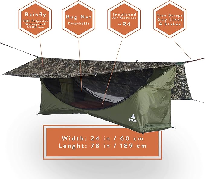 Haven Tents Lay Flat Hammock Tent - Waterproof Camping Hammock with Mosquito Net, Insulated Pad and Rainfly - Haven Tent, Haven XL, Haven Safari
