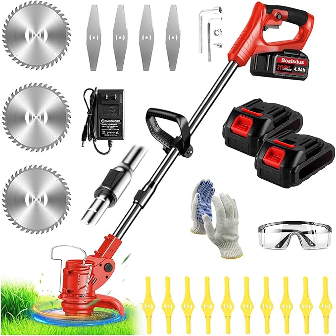 21V Electric Weed Wacker Cordless String Trimmer Battery Powered Grass Trimmer with 90° Adjustable Head 2 X 2.0Ah Battery and Charger Lightweight Brush Cutter Edger Lawn for Garden Yard,Red