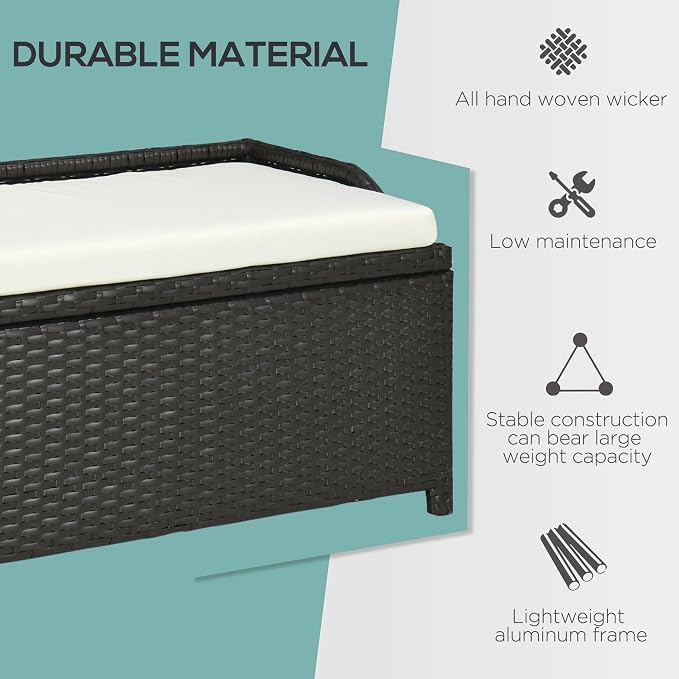 Outdoor Wicker Storage Bench Deck Box, PE Rattan Patio Furniture Pool Container Storage Bin with Interior Waterproof Bag and Comfortable Cushion, Cream White