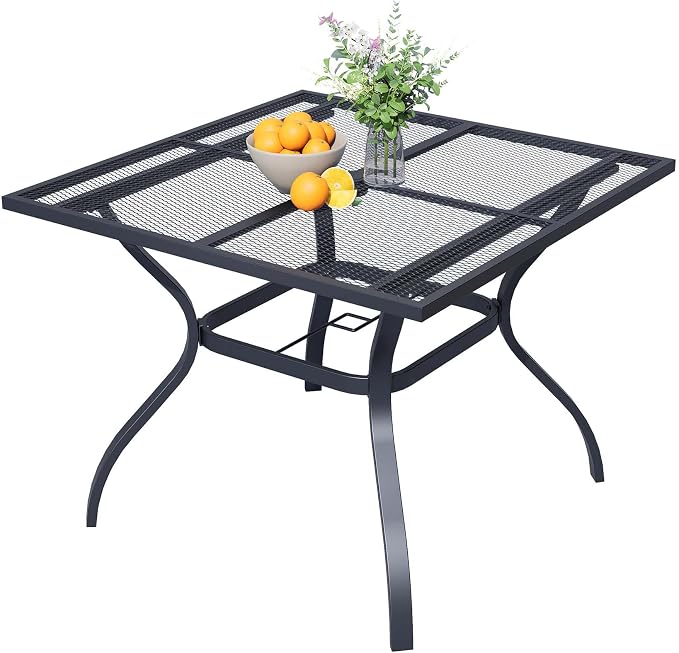 37.5" Square Patio Table with Umbrella Hole, Metal Mesh Outdoor Dining Table for Garden, Backyard and Deck, 4 Person Round Patio Dining Table for Outside, Black