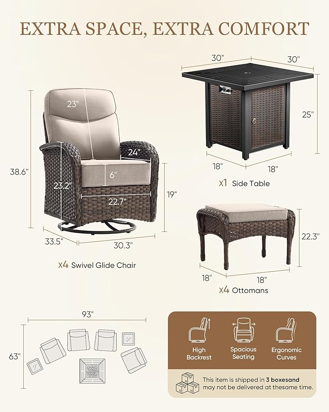 Belord Upgraded 6“ Cushion Luxury 7 Piece Patio Furniture Set with Fire Pit Table - Outdoor Furniture Set with High Back Swivel Rocker Patio Chairs, Conversation Set for Deck Porch Yard - Brown/Beige