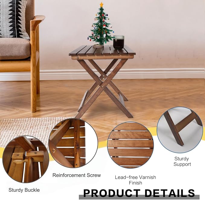 Outdoor Wooden Side Table, Folding Patio End Table, Small Square Furniture Table for Adirondack Chair, Balcony, Porch, Acacia Wood, No Assembly, Brown
