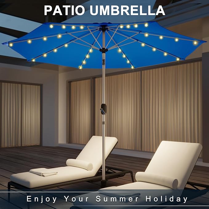 9FT Aluminum Patio Umbrella with 40-LED Solar Lighted, Fade-Resistant Outdoor Market Table Umbrella with Push Button Tilt Function, 8 Sturdy All-Aluminum Ribs for Gardens, Decks, Backyards & Pools