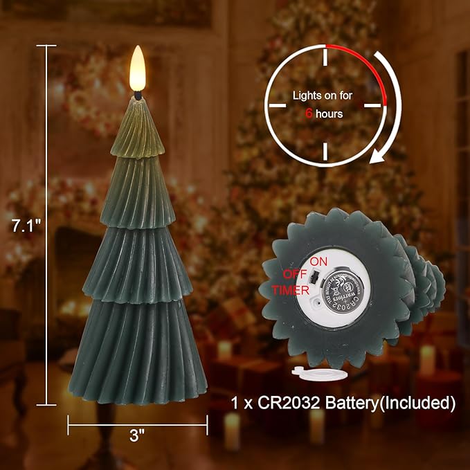 Christmas Tree Spiral Skirt-Shaped Flameless Candles with 6H Timer, 2 Pcs Battery Operated LED Pillar Candle with Flickering 3D Wick, Green Candles for Home Décor Christmas Gifts