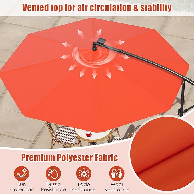 Tangkula 10 Ft Patio Offset Umbrella, 40 LED Lighted Market Umbrella W/8 Sturdy Ribs, Easy Tilt Adjustment & Crank, Polyester Shade, Ideal for Backyard, Garden, Seaside, Store, Pool (Orange)