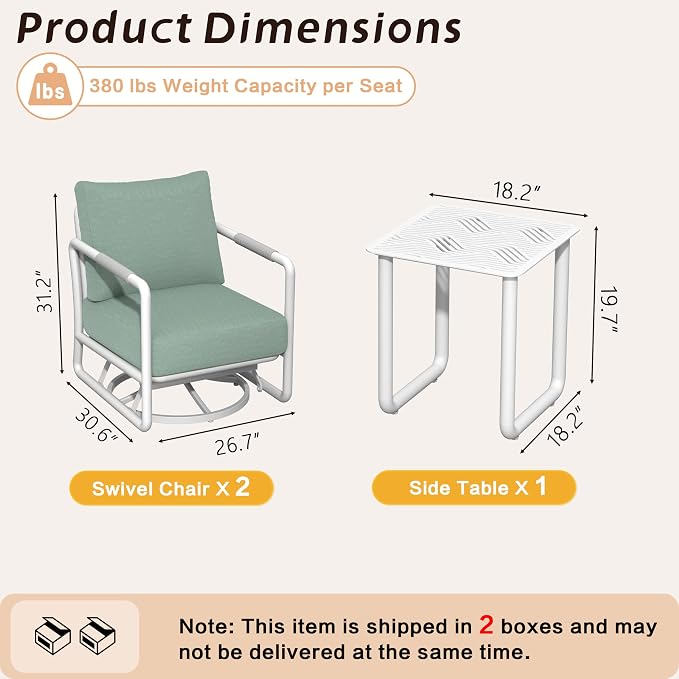 3-Piece Outdoor Swivel Rocker Set, Aluminum Frame 360° Swivel Rocking Chairs with 6.5" Thick Cushions, 24" Wide Seat 380LBS Capacity, Side Table for Porch, Deck, Backyard