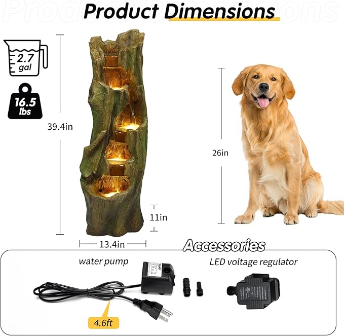Water Fountain Outdoor Cascading Waterfall Feature with Energy-Efficient LED Lights, Easy Setup for Patio Garden Backyard Relaxation, for Housewarming & Garden Lovers