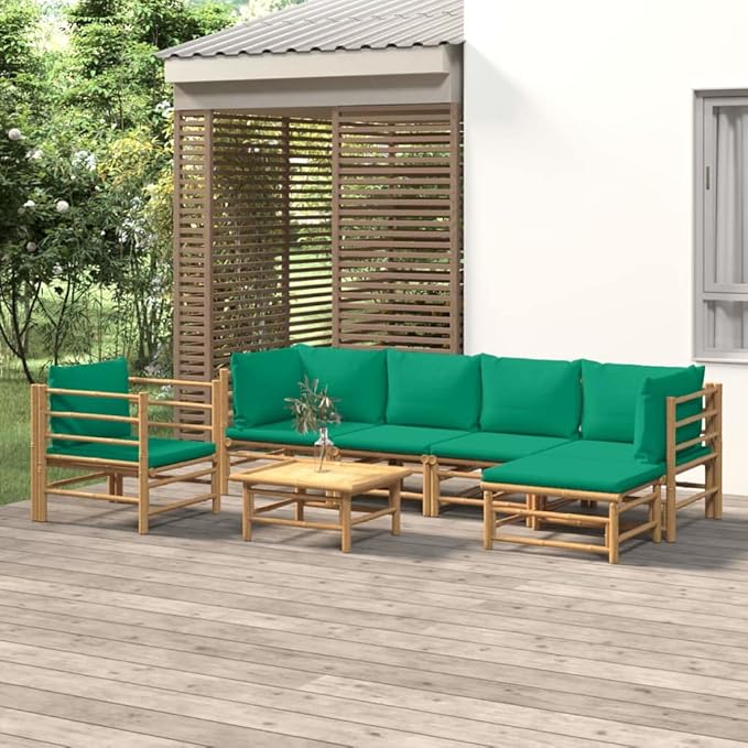 7 Piece Patio Lounge Set with Green Cushions, Sectional Sofa Patio Conversation Set Outdoor Sofa Sets Porch Furniture Set for Exhibition Garden Negotiation Area Piazza Bamboo
