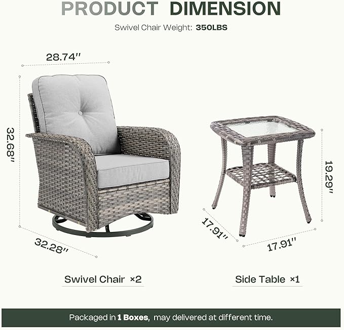 3-Piece Patio Furniture Set, Outdoor Wicker Furniture with Coffee Table, High Back Swivel Rocker Patio Chairs, Modern Rattan Outdoor Chairs Conversation Set for Porch, Balcony, Garden, Light Gray