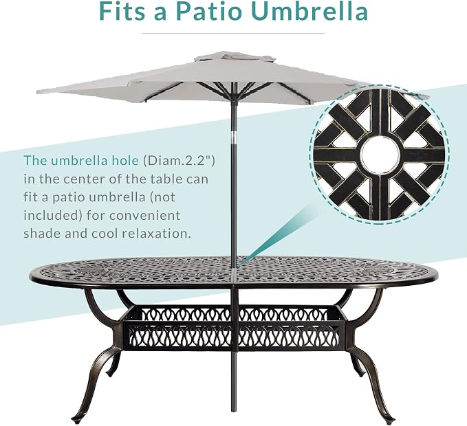 MEETWARM Outdoor 84" Oval Patio Dining Table, All Weather Cast Aluminum Large Patio Furniture Table Fits for 6-8 Person with 2" Umbrella Hole, Dark Bronze