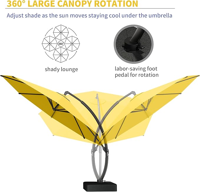 Kingdura 11ft Offset Cantilever Patio Umbrella with Base Included, Large Round Aluminum Outdoor Umbrella, 360° Rotation & Infinite Tilt, Heavy Duty Frame for Deck Pool Backyard, Yellow