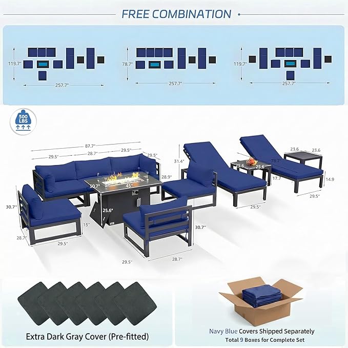 NICESOUL 11 Piece Large Modern Aluminum Patio Furniture Set, Water & Fade Resistant Modular Outdoor Conversation Set with Lounge, 500 lbs Heavy Duty Comfortable Sectional Sofa for Poolside, Navy Blue