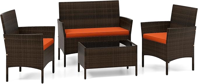ORALNER 4 Pieces Patio Furniture Set, Rattan Chairs Loveseat with Soft Cushion and Glass Table, Outdoor Wicker Conversation Set for Balcony Garden Backyard Porch Poolside (Orange)