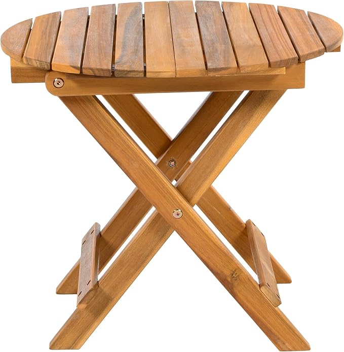 GDFStudio 15" H Folding Patio End Table Accent Table Small Round Sofa Coffee Acacia Wood Lightweight Side Tables with Slat Panel Cross Leg for Living Room Bedroom Balcony Office Outdoor Space, Teak