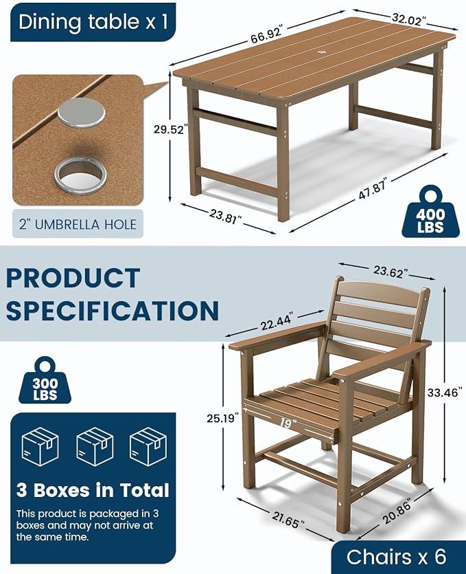 FOOWIN Outdoor Table and Chairs Set 5-Piece HDPE All Weather Patio Dining Set with Umbrella Hole,Outdoor Patio Furniture Dining Set for 4,Patio Kitchen Table Set for Garden,Backyard,Poolside, Teak