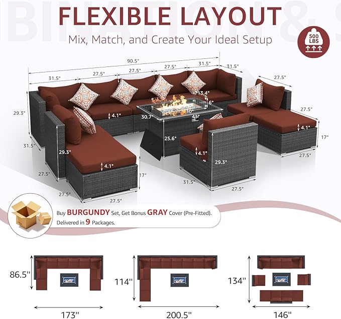 NICESOUL 11 Piece Outdoor Furniture Set with Firepit, Luxury 10-Seater Patio Sectional Sets, 29.3'' High-Back Backyard Seating Area, All-Weather Rattan Couch Set for Outside, Deck, Grey & Red