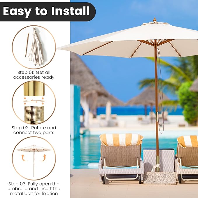 Tangkula 10FT Patio Umbrella, Outdoor Table Market Umbrella w/8 Wooden Ribs, 3 Adjustable Heights, Rope Pulley System, Detachable Pole, Wooden Patio Umbrella for Garden, Poolside, Backyard (Beige)