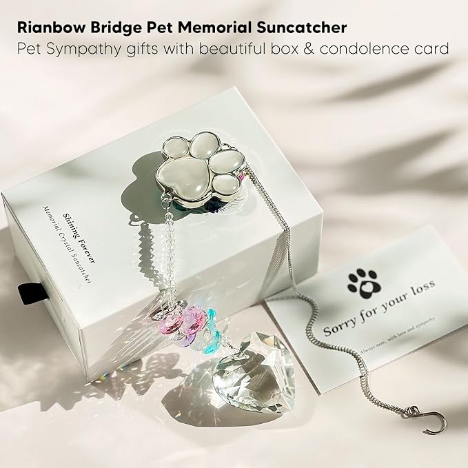 Dog Memorial Gifts, Pet Memorial Suncatcher, Loss of Dog Sympathy Gift | Thoughtful Dogs and Cats Bereavement Remembrance Gifts, Natural Cat's Eye Stone Paw Crystal Suncatcher