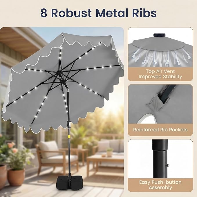 Happygrill 9FT Solar Patio Umbrella, Outdoor Market Table Umbrella with 32 LED Lights, Weighed Base, 2 Sandbags, Tilt & Crank, 8 Ribs, Fabric Canopy Sunshade, Vented Top for Garden Deck Pool Backyard (Gray)