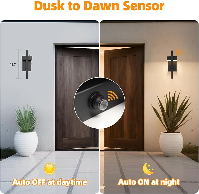 LED Outdoor Wall Sconce Dusk to Dawn Outdoor Lighting, Modern Exterior Lighting Fixtures, Black LED Front Porch Lights Outside Wall Mount Lights for House, Hallway, Warm White 3000K, 2 Pack