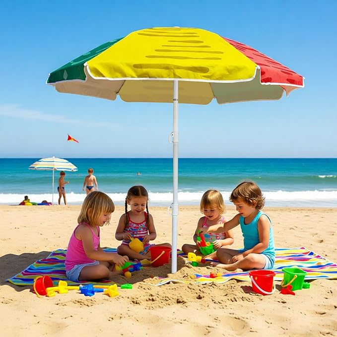 LOTTAFUN Water Table Kid Umbrella 5ft Beach Umbrella Diameter 0.99-1.2 Inch Pole Resistant UV 50+ Portable Sun Shade with Sand Anchor & Carry Bag, Outdoor Folding Umbrella for Beach,Pool,Patio,Garden (3 Color Block) NO Tilt The sand needs to be over 5 ...