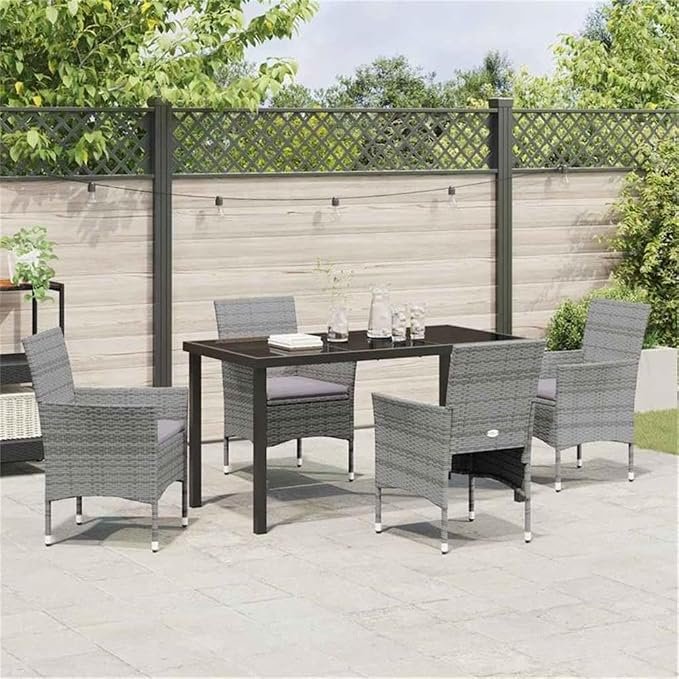 Afuera Living 5 Piece Poly Rattan Patio Dining Set, Gray Finish, Weather-Resistant Cushions, Powder-Coated Steel Frame, Tempered Glass Tabletop, Seating for 4, Modern Outdoor Furniture for Backyard