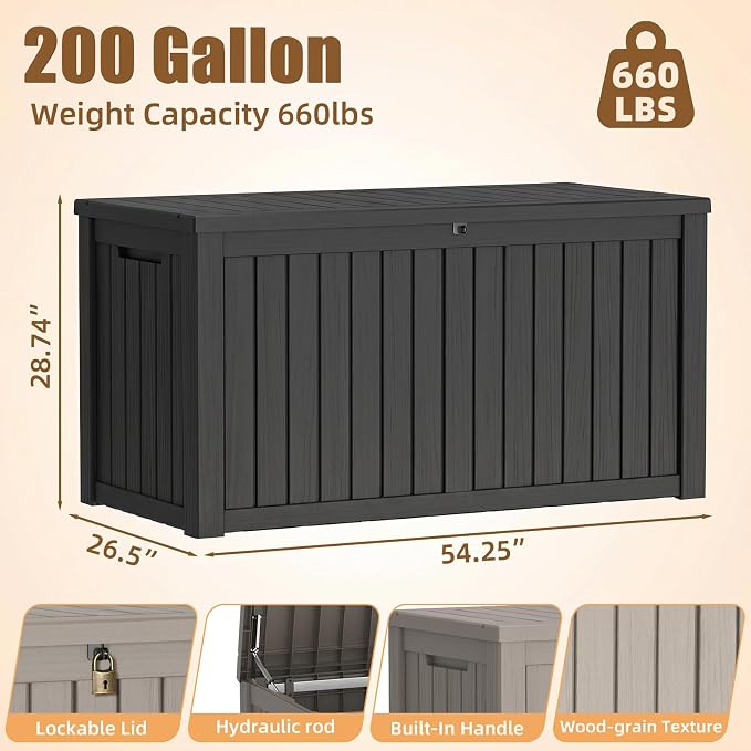 200 Gallon Outdoor Storage Box, Large Resin Deck Box, Waterproof Lockable Storage Container Bins Reinforced Stabilityfor Patio, Garden and Poolside, Grey