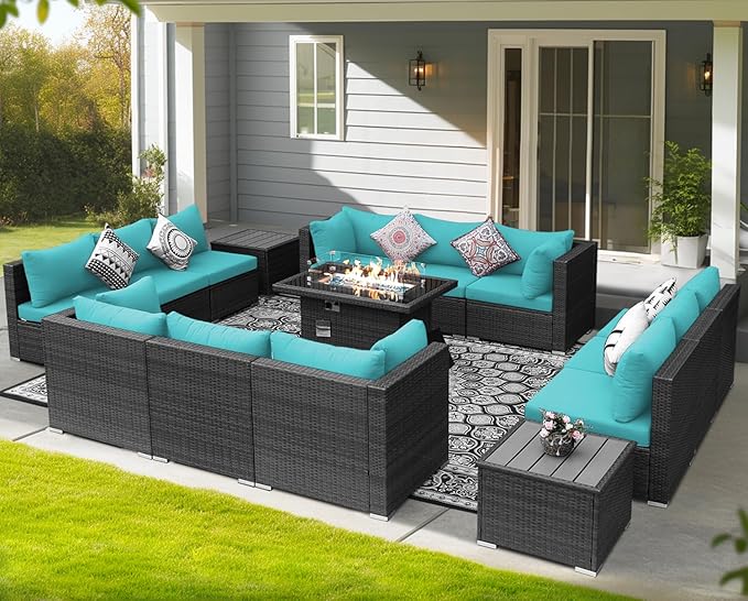 NICESOUL 15 Piece Outdoor Patio Furniture Set with Fire Pit, Extra Large Wide Outdoor Deep Seated Sectional, Cozy 29.3'' High-Back Modular Couch, 500 Lbs High Weight Capacity Wicker Sofa, Gray & Teal